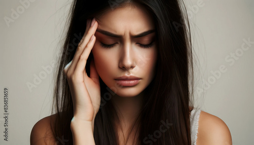 Young woman holding her head in pain, depicting the discomfort of a severe headache or migraine.