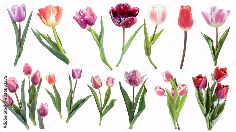 A collection of spring tulips on a white background. A collection of spring tulips on a white background.