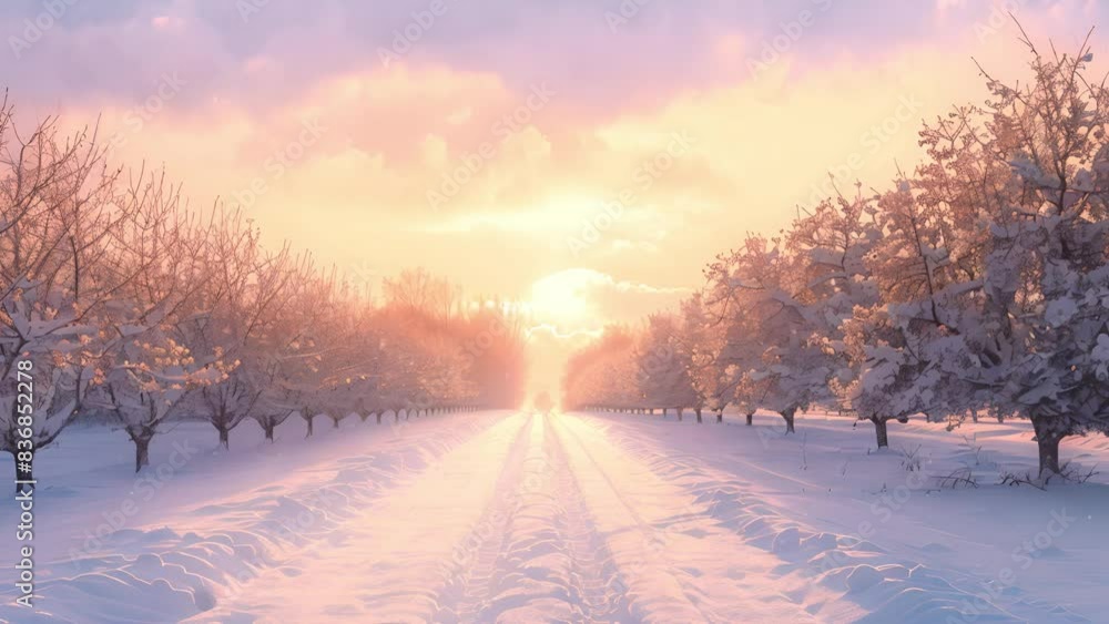 The serene sunset casts a warm glow over the snowy garden, creating a beautiful contrast between the cold landscape and the serene scene The serene sunset casts a warm glow over the snowy garden, creating a beautiful contrast between the cold landscape and the serene scene