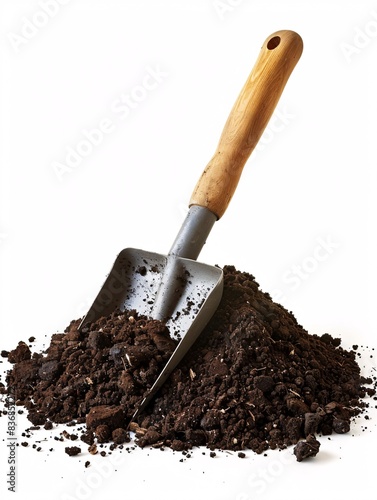 A spade and mound of dirt alone on a blank background.