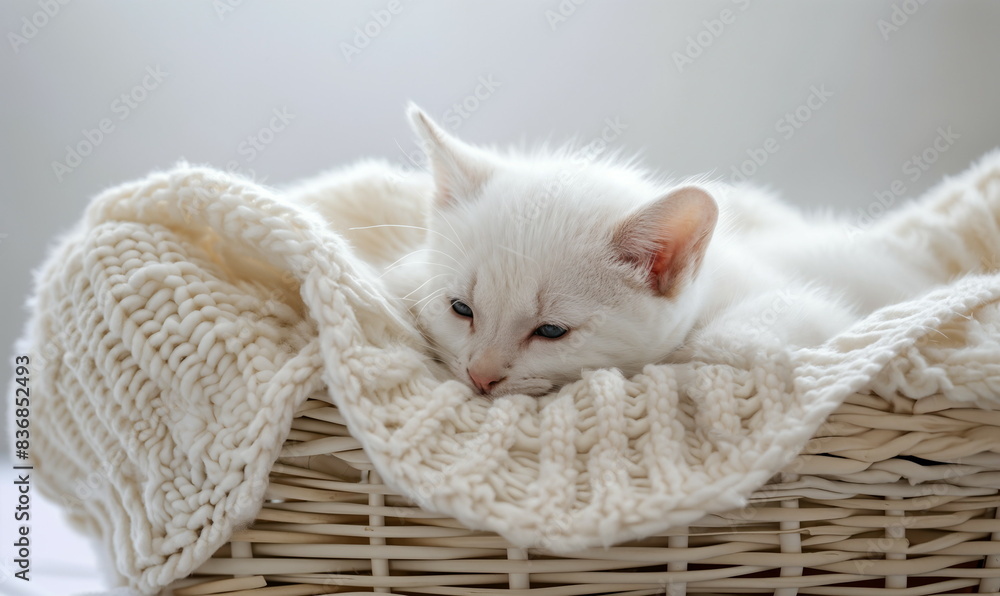 Obraz premium Fluffy White Kitten in a Cozy Basket, perfect for pet adoption ads, animal shelter promotions, pet care blogs, greeting cards, and social media