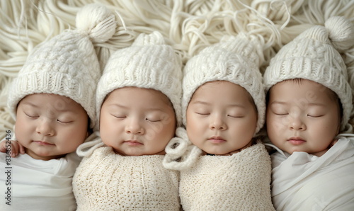 Adorable Sleeping Newborn Quadruplets in Knit Hats and Blankets, perfect for baby care, parenting, greeting card, family love, wallpaper, poster