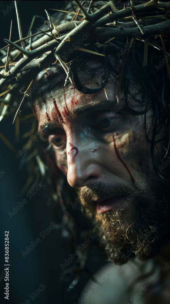 Jesus' crown filled with sharp thorns, emphasizing the image of his suffering for the sins of humanity Jesus' crown filled with sharp thorns, emphasizing the image of his suffering for the sins of humanity