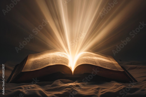 Open Holy Bible in the church with rays of light from the window.