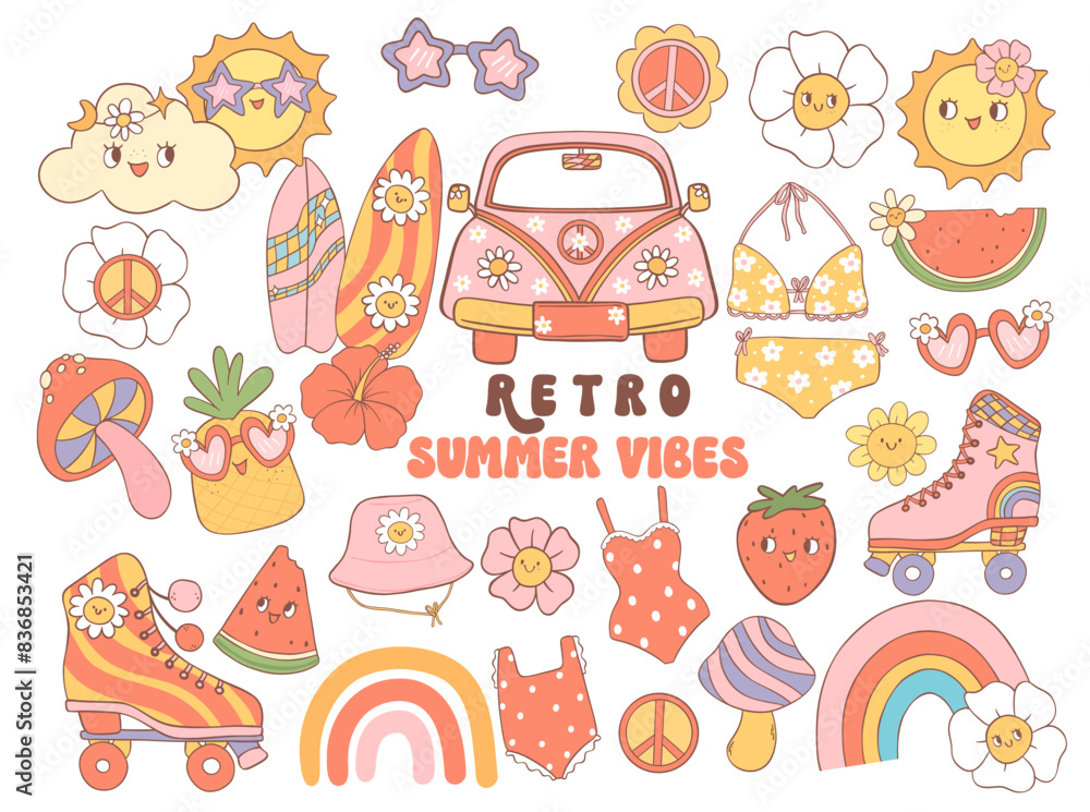 Fototapeta premium Retro Groovy Summer Vibes collection Cartoon Cute Character Disco 70s 80s Style