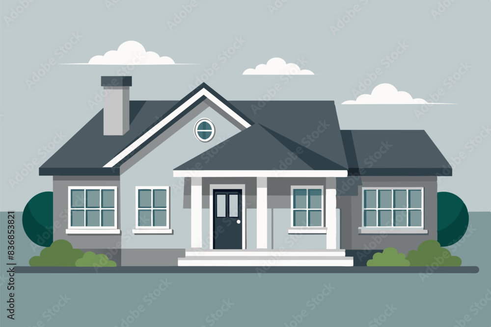 One story house with gray roof with multiple peaks and chimney, white walls and black shutters on windows. The front door has a staircase with large windows on either side. The subject is real estate One story house with gray roof with multiple peaks and chimney, white walls and black shutters on windows. The front door has a staircase with large windows on either side. The subject is real estate