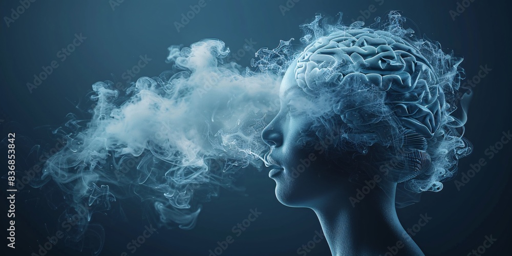 Exploring the effects of vaping on mental health and potential risks of nicotine addiction through a 3D illustration of a person exhaling vapor shaped like a human brain from an e-cigarette. Exploring the effects of vaping on mental health and potential risks of nicotine addiction through a 3D illustration of a person exhaling vapor shaped like a human brain from an e-cigarette.