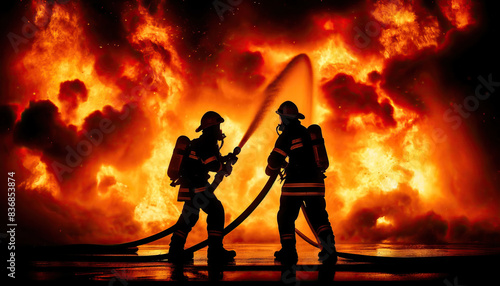 Silhouetted firefighters heroically battle a massive inferno, directing water hoses towards towering flames under a fiery sky. © KirKam