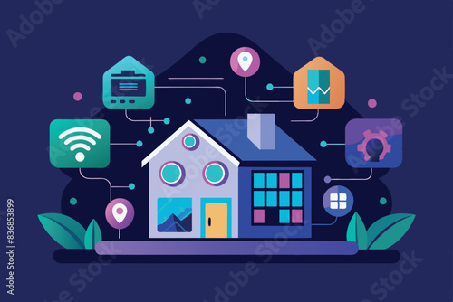 smart home concepts. The central image of the house is displayed on a laptop screen and is surrounded by icons representing various technologies and services related to smart homes. The background is 