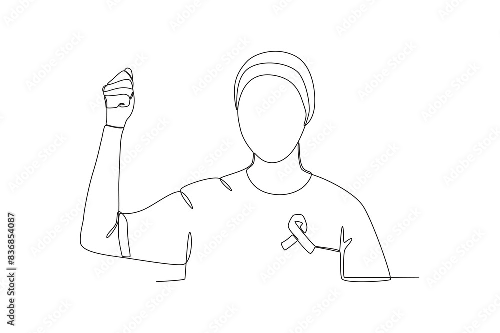 Single continuous line drawing of a Woman and pink ribbon, Breast cancer awareness month concept. One line draw design vector illustration Single continuous line drawing of a Woman and pink ribbon, Breast cancer awareness month concept. One line draw design vector illustration