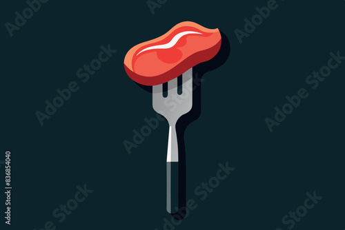 a stylized graphic of a piece of meat,- steak, on a fork with flames around it. The background is dark, making the red and yellow colors of the meat and flames more prominent.