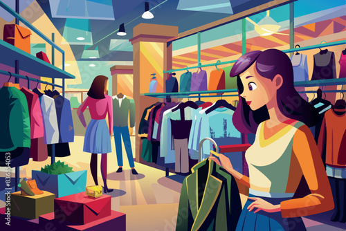 A girl is standing in a clothing store looking at various dresses in the windows. There are several hanging dresses, mannequins showing off the outfits, and lighting that gives the impression of an en