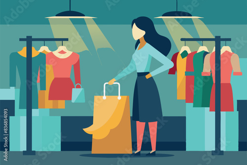 A girl is standing in a clothing store looking at various dresses in the windows. There are several hanging dresses, mannequins showing off the outfits, and lighting that gives the impression of an en