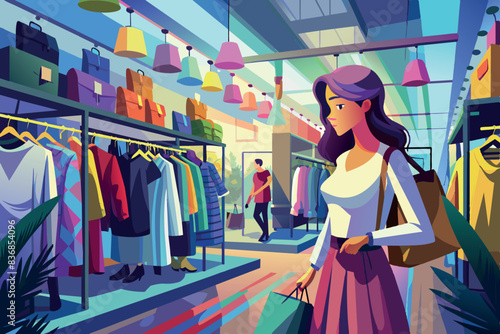 A girl is standing in a clothing store looking at various dresses in the windows. There are several hanging dresses, mannequins showing off the outfits, and lighting that gives the impression of an en