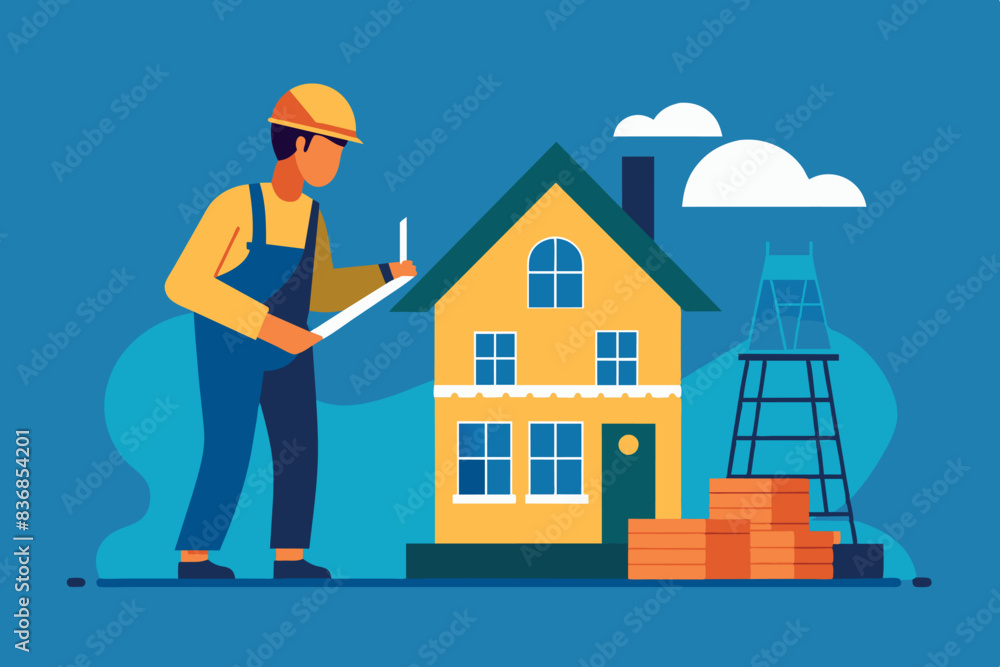 A construction site of a two-story house with many windows. An architect in a yellow helmet and orange vest stands in front of it, holding a blueprint. next to him is a scaffolding attached to the hou A construction site of a two-story house with many windows. An architect in a yellow helmet and orange vest stands in front of it, holding a blueprint. next to him is a scaffolding attached to the hou