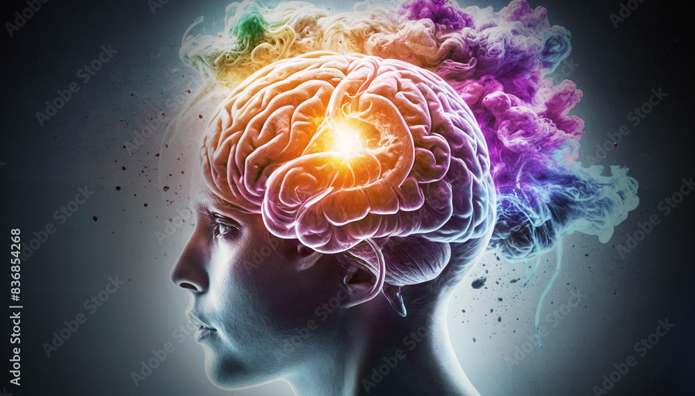 human head with brain Concept art of exploding with knowledge and creativity. generative ai human head with brain Concept art of exploding with knowledge and creativity. generative ai