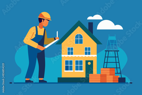 A construction site of a two-story house with many windows. An architect in a yellow helmet and orange vest stands in front of it, holding a blueprint. next to him is a scaffolding attached to the hou