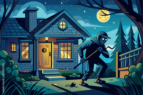 a thief with a crowbar near the house at night. The man is wearing a hat, mask and gloves, he is trying to break into the house. safety and security atmosphere