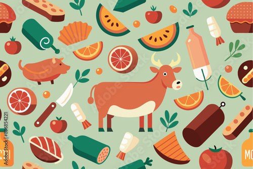 meat cutting background. different parts of the carcass. Products in the form of sausages, sausages and steaks. Grocery atmosphere