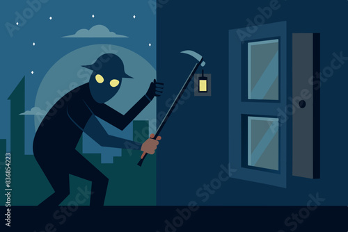 a thief with a crowbar near the house at night. The man is wearing a hat, mask and gloves, he is trying to break into the house. safety and security atmosphere