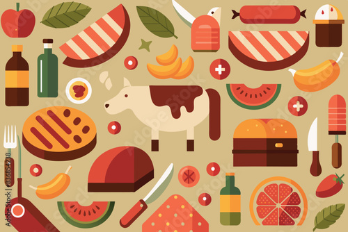 meat cutting background. different parts of the carcass. Products in the form of sausages, sausages and steaks. Grocery atmosphere