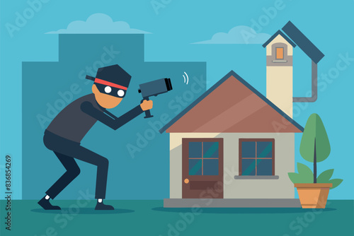 a thief with a crowbar near the house at night. The man is wearing a hat, mask and gloves, he is trying to break into the house. safety and security atmosphere