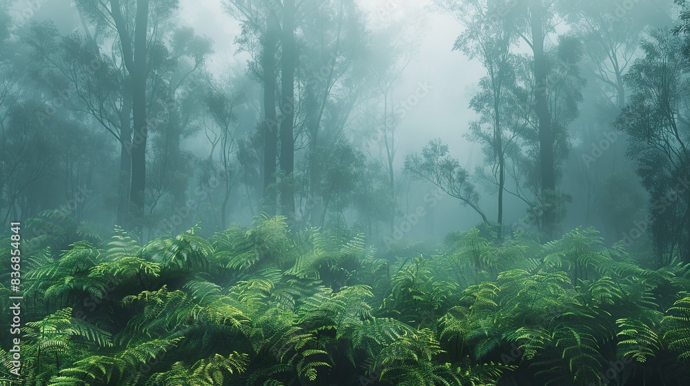 Obraz premium A foggy morning in the forest, with mist enveloping tall trees and ferns.