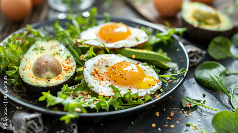 healthy ketogenic meal on a plate, avocados, eggs, and leafy greens healthy ketogenic meal on a plate, avocados, eggs, and leafy greens