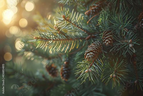 close-up of pine tree branches with needles and cones