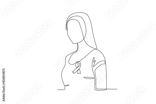 Single continuous line drawing of a Woman and pink ribbon, Breast cancer awareness month concept. One line draw design vector illustration