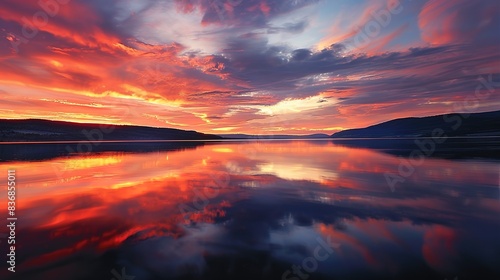 A tranquil lake reflecting the vibrant hues of a fiery sunset sky. Copy space.