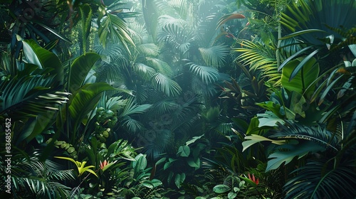 Fototapeta Naklejka Na Ścianę i Meble -  A lush tropical jungle with dense foliage and exotic plants. 