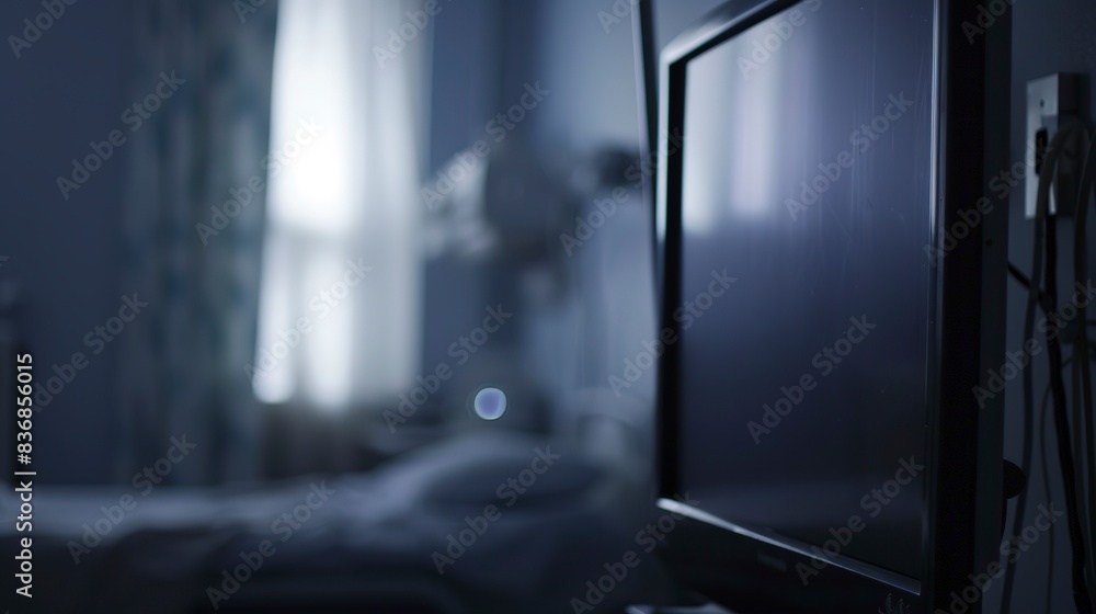 Close-up on patient room TV, foggy with no humans, eerie ambiance, twilight light Close-up on patient room TV, foggy with no humans, eerie ambiance, twilight light