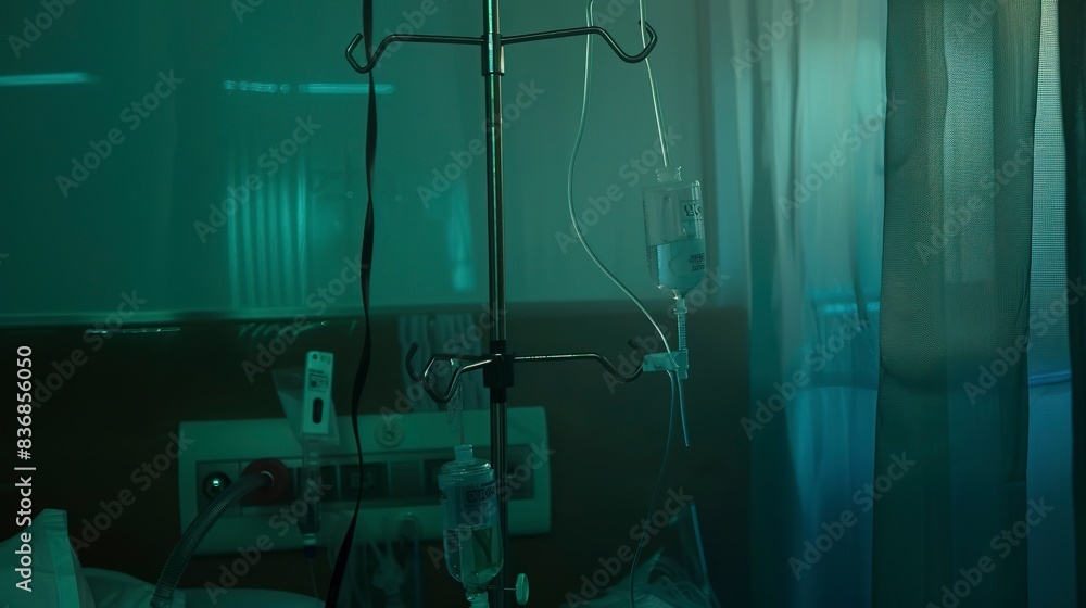 Patient room IV stand, close-up in dense fog, no people, soft focus, night lighting 