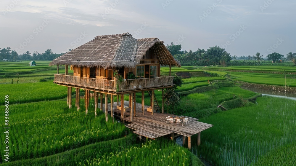 Bamboo in a rice field, Southeast Asia, offering a unique and relaxing dining experience with sustainable energy and scenic rooftop views Bamboo in a rice field, Southeast Asia, offering a unique and relaxing dining experience with sustainable energy and scenic rooftop views