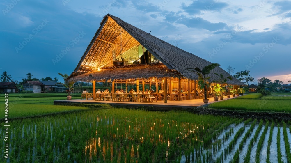 Fototapeta premium Bamboo in a rice field, Southeast Asia, providing a serene and unique dining experience with sustainable energy and rooftop views