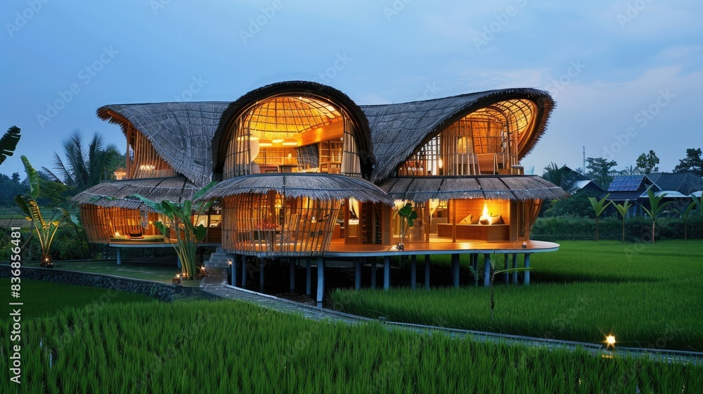 Bamboo in a rice field, Southeast Asia, providing a serene and unique dining experience with sustainable energy and rooftop views