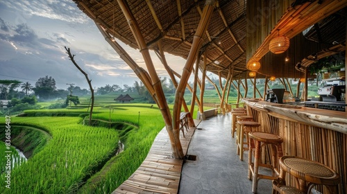 Bamboo in a rice field  Southeast Asia  providing a unique and relaxing dining experience with rooftop seating and scenic views