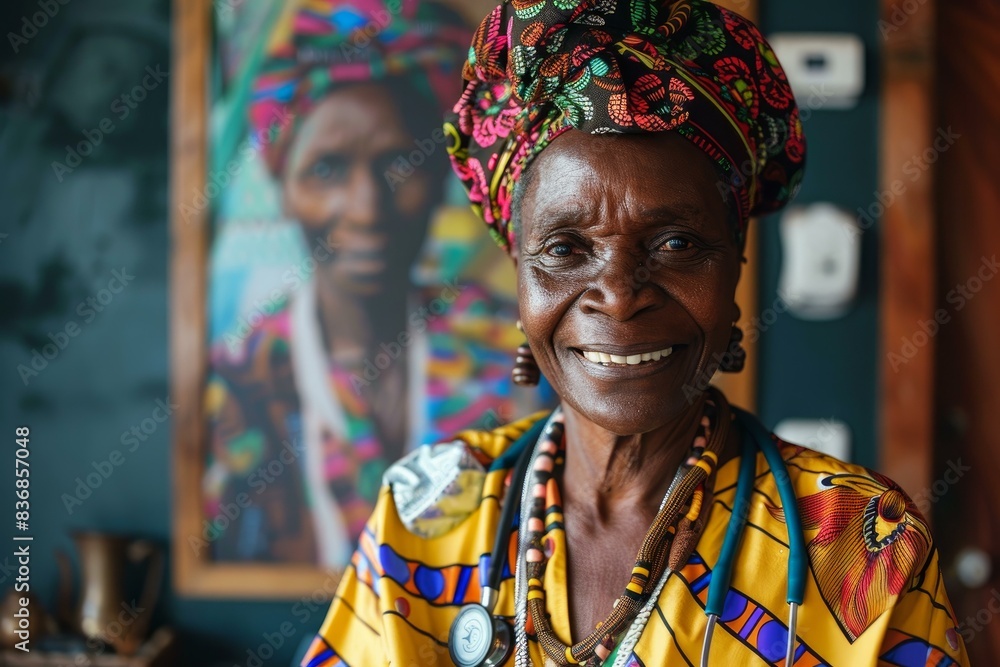 Fototapeta premium Portrait of a cheerful elderly african woman with colorful traditional attire, exuding happiness