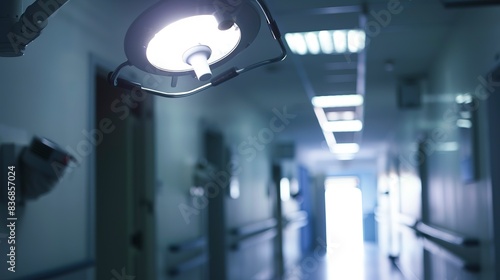 Hospital emergency room lighting fixture, close-up, foggy, no humans, dim twilight