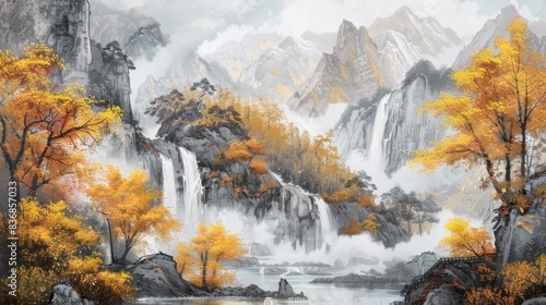 Chinese landscape painting depicting mountains and rivers wallpaper © Helen