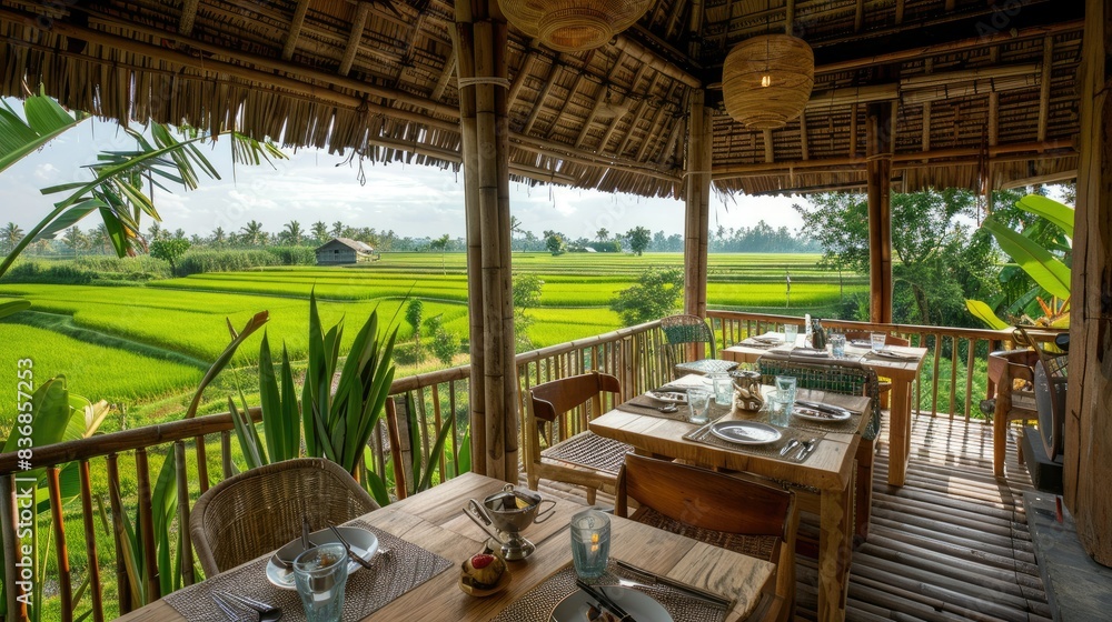 Fototapeta premium Bamboo in the middle of Southeast Asia's rice fields, offering a unique and eco-friendly dining experience with rooftop views