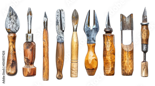 Set of vintage woodworking tool with wooden handles a variety of blades isolated on white background.