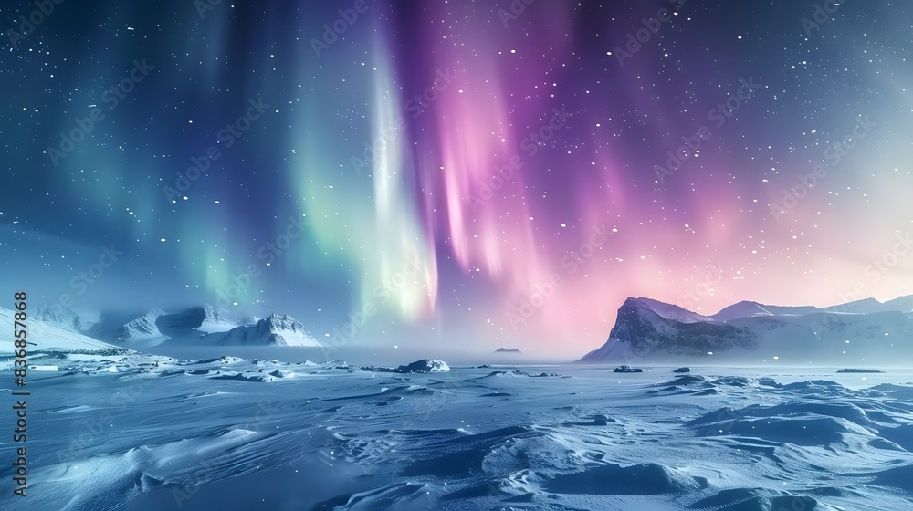 Naklejka premium A vast icy plain in Iceland, under the spellbinding dance of the Aurora Borealis