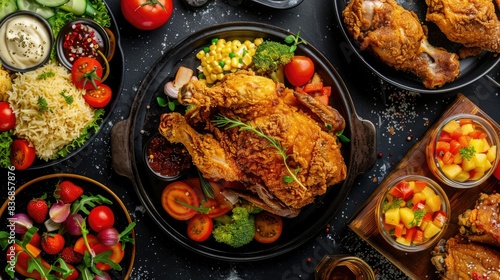 Crispy golden fried chicken surrounded by vibrant sides on a table  dark background with sparkling highlights