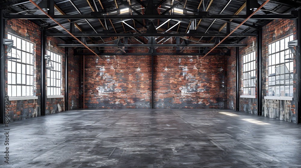 Industrial loft style empty old warehouse interior, brick wall, concrete floor and black steel roof structure Industrial loft style empty old warehouse interior, brick wall, concrete floor and black steel roof structure