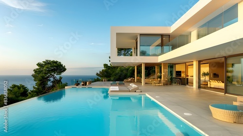 A high-quality rendering of an elegant, Spanish style villa with a blue pool overlooking the ocean. The combination of natural and modern architecture. 