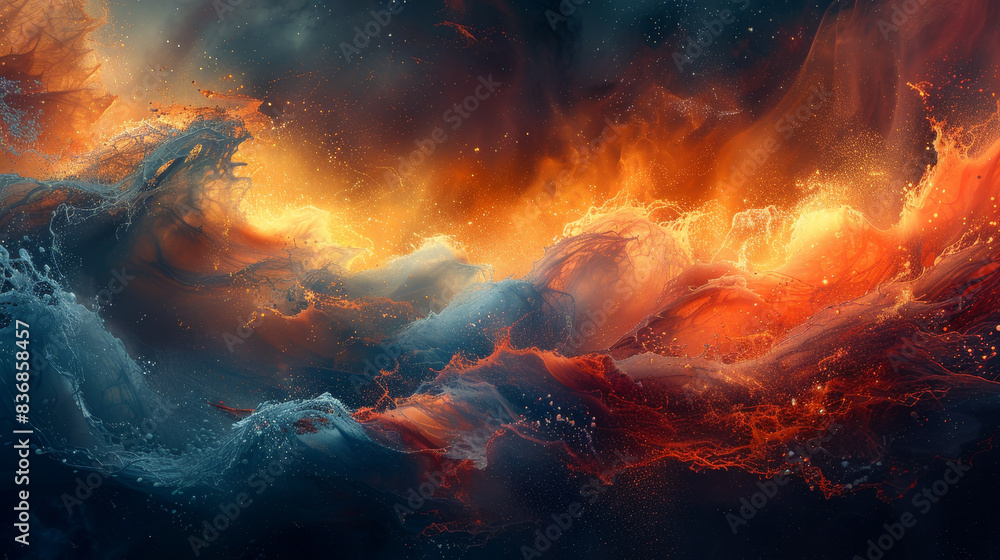 Obraz premium A dynamic blend of fiery orange and cool blue waves collide, capturing the essence of both fire and water in a vivid, swirling dance of energy and color.