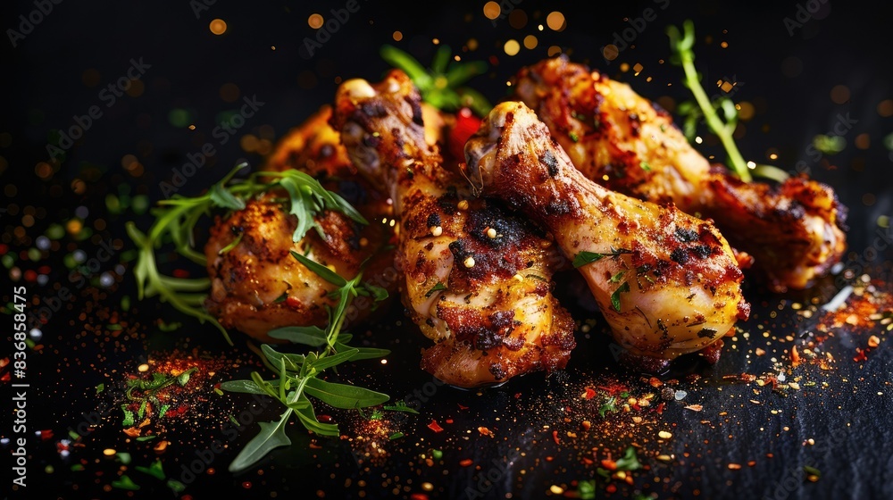Delicious golden fried chicken with fresh herbs and spices, set against a black backdrop with sparkling light Delicious golden fried chicken with fresh herbs and spices, set against a black backdrop with sparkling light