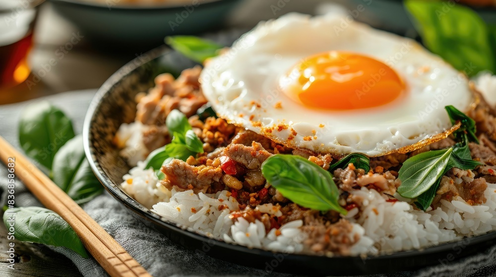 Delicious Pad Krapow Moo Krob with steam rice, crispy pork, Holy Basil, and fried egg on top, macro shot Delicious Pad Krapow Moo Krob with steam rice, crispy pork, Holy Basil, and fried egg on top, macro shot